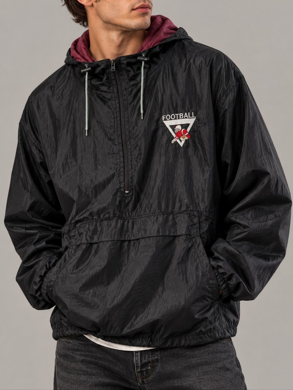 Vintage 90s Harvard Square Black Football Anorak Windbreaker Jacket Mens Size XL